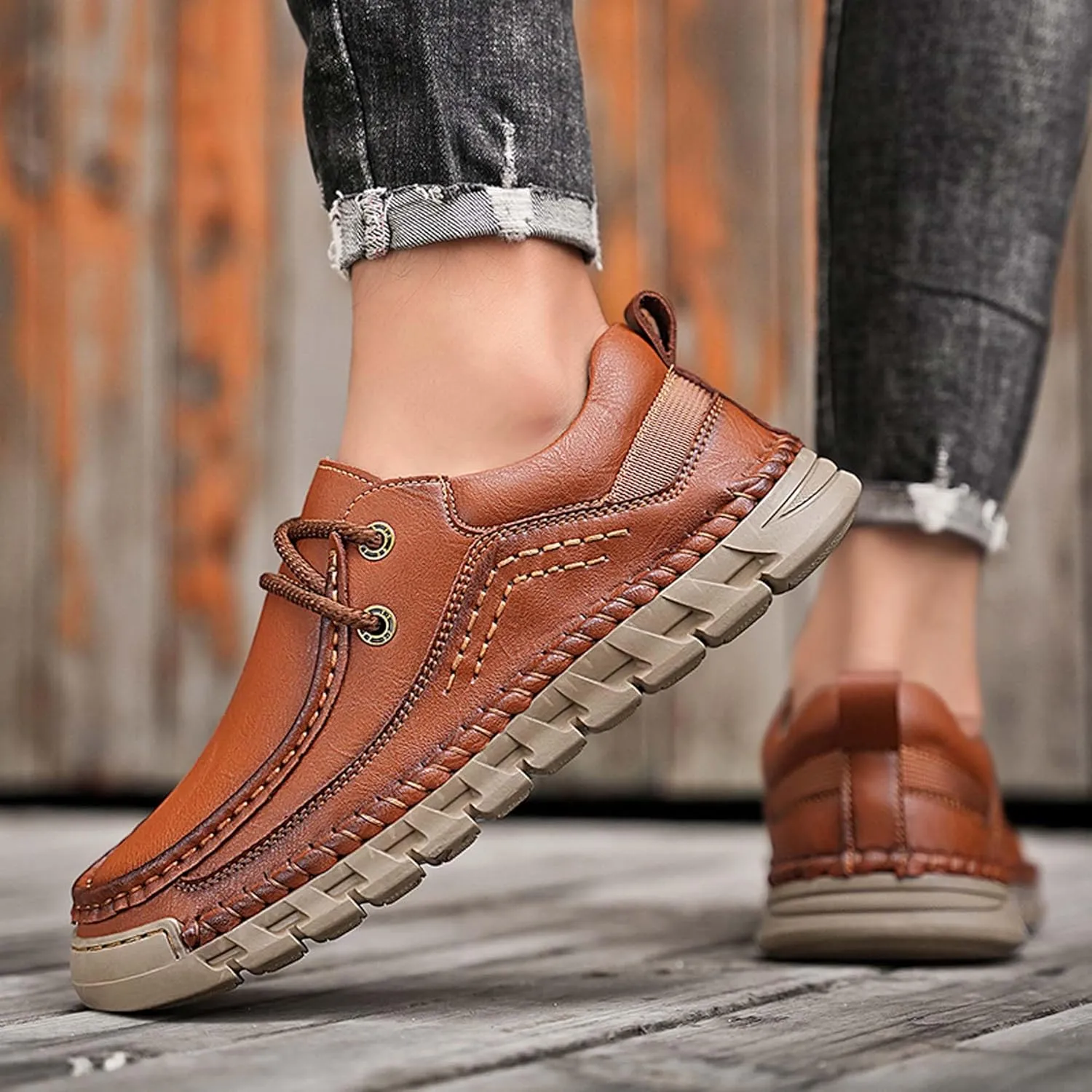 Men's Premium Leather Casual Walking Shoes,Loafers,Men's Sneakers,Business Casual Leather Shoes,Driving Shoes,Soft,Comfortable,Wear-Resistant,Hand-Stitched