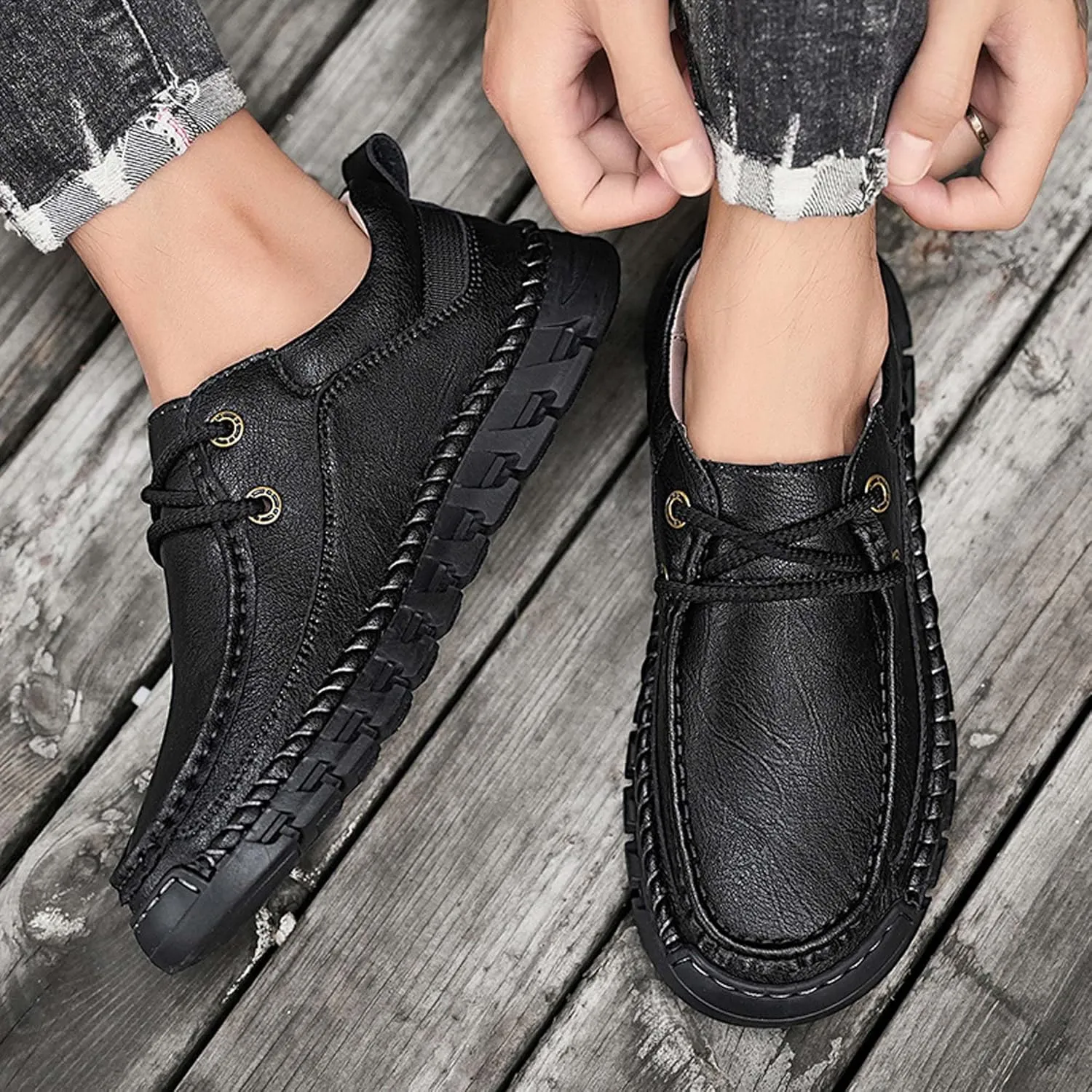 Men's Premium Leather Casual Walking Shoes,Loafers,Men's Sneakers,Business Casual Leather Shoes,Driving Shoes,Soft,Comfortable,Wear-Resistant,Hand-Stitched