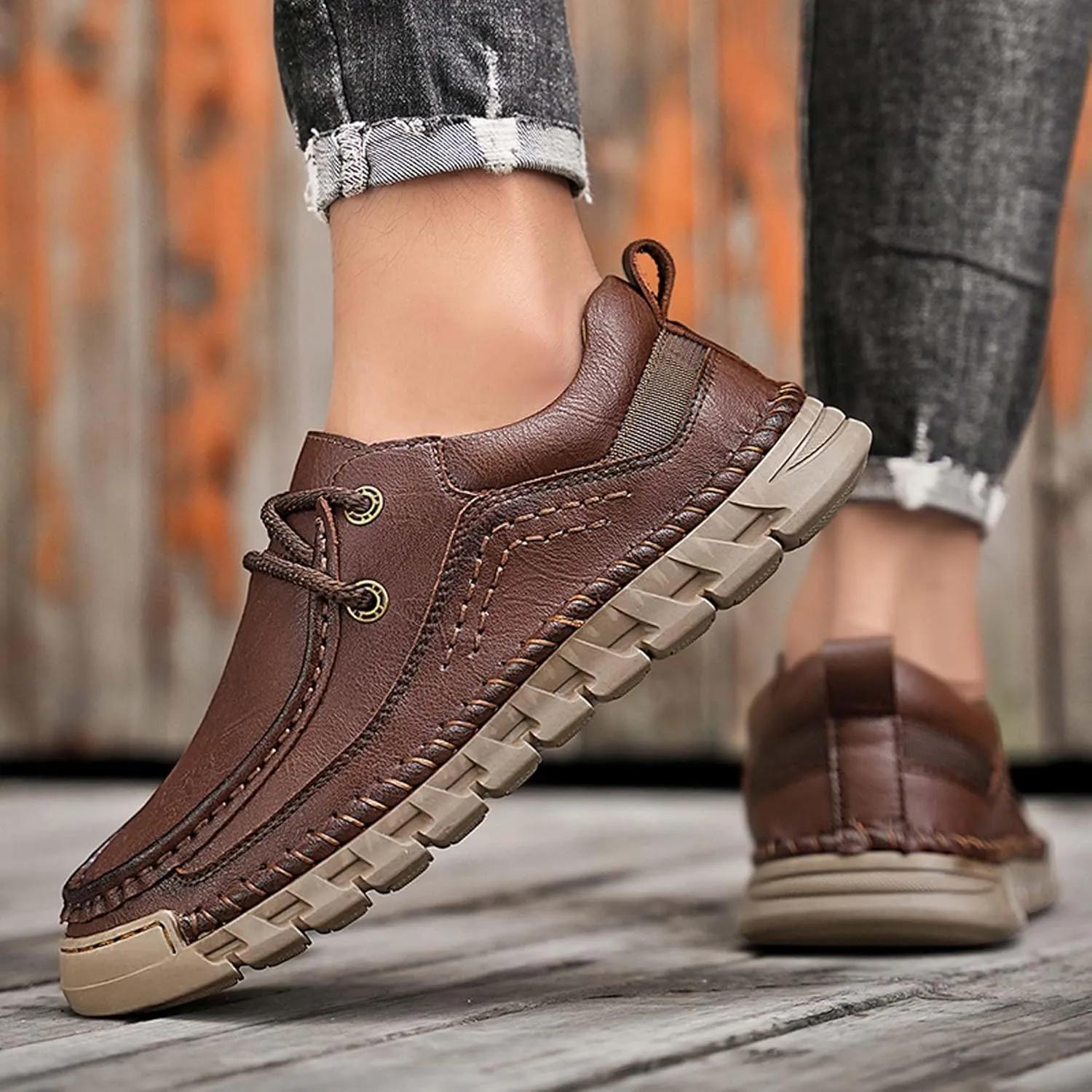 Men's Premium Leather Casual Walking Shoes,Loafers,Men's Sneakers,Business Casual Leather Shoes,Driving Shoes,Soft,Comfortable,Wear-Resistant,Hand-Stitched