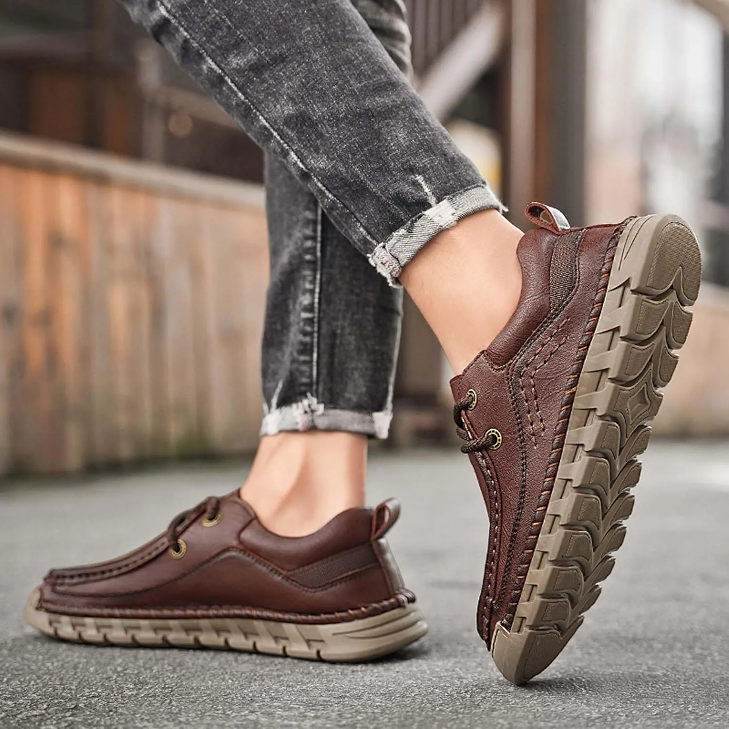 Men's Premium Leather Casual Walking Shoes,Loafers,Men's Sneakers,Business Casual Leather Shoes,Driving Shoes,Soft,Comfortable,Wear-Resistant,Hand-Stitched