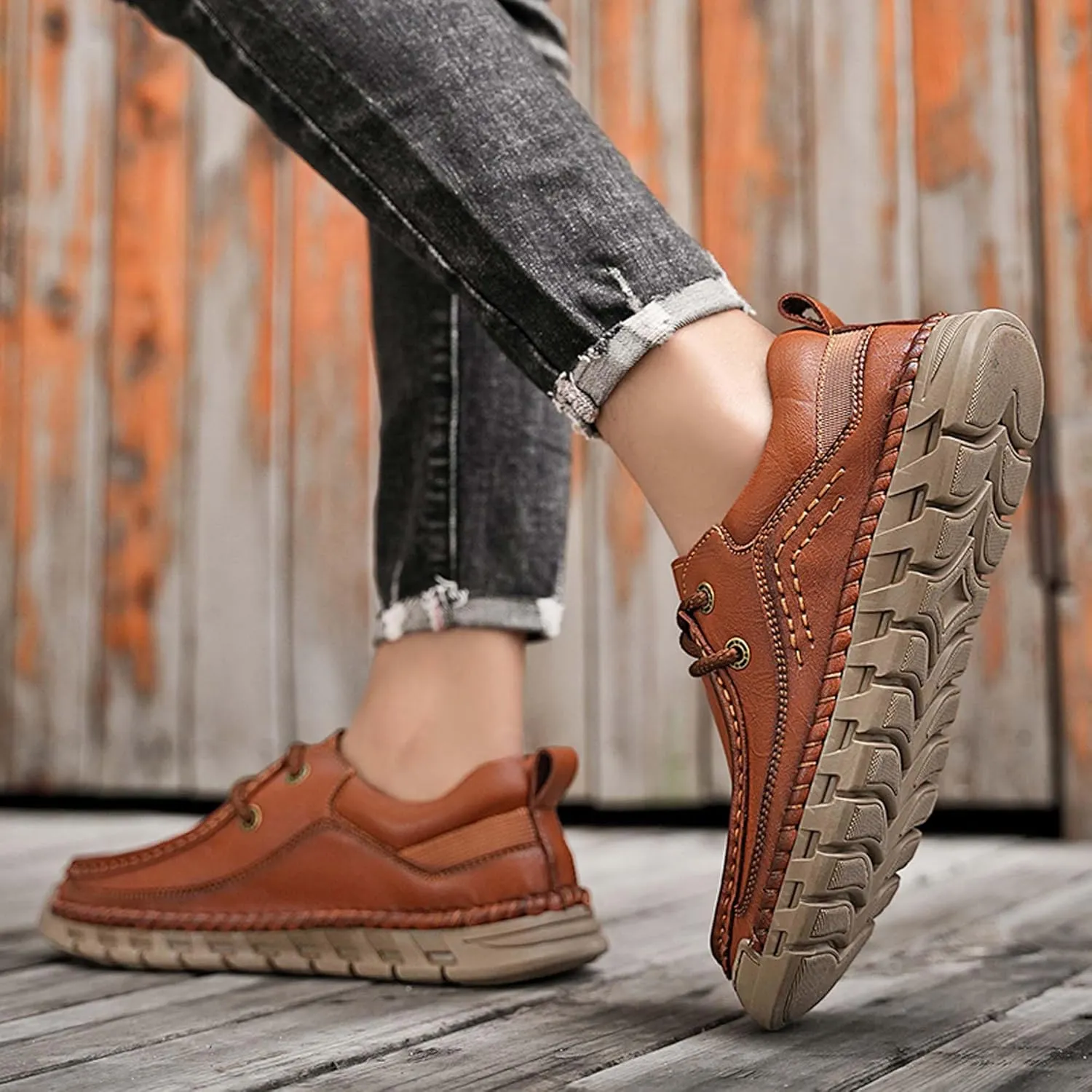 Men's Premium Leather Casual Walking Shoes,Loafers,Men's Sneakers,Business Casual Leather Shoes,Driving Shoes,Soft,Comfortable,Wear-Resistant,Hand-Stitched