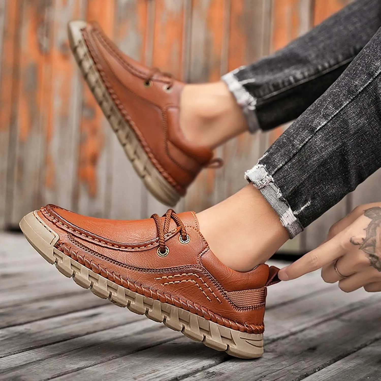 Men's Premium Leather Casual Walking Shoes,Loafers,Men's Sneakers,Business Casual Leather Shoes,Driving Shoes,Soft,Comfortable,Wear-Resistant,Hand-Stitched