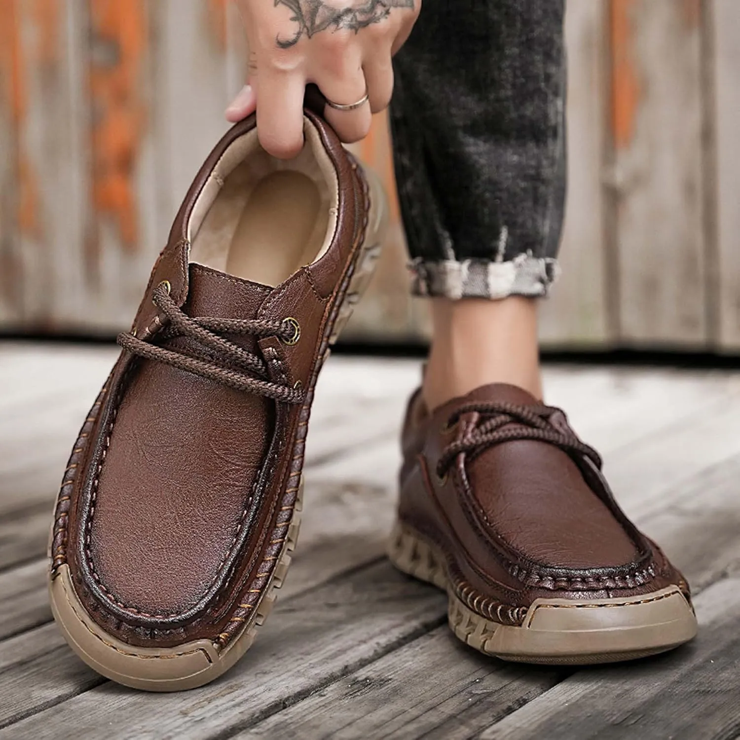 Men's Premium Leather Casual Walking Shoes,Loafers,Men's Sneakers,Business Casual Leather Shoes,Driving Shoes,Soft,Comfortable,Wear-Resistant,Hand-Stitched