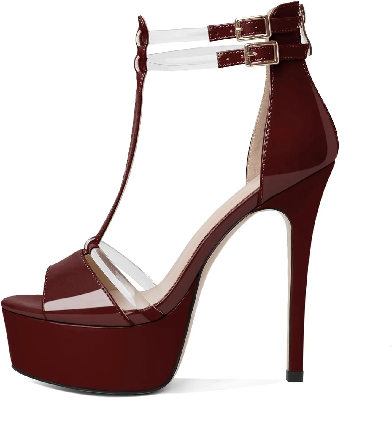 Mettesally Women's Platform Heels Peep Toe Heeled Sandals T Strap Heels Strappy Stiletto High Heels 5.5 Inch Double Ankle Strap Pump Shoes with Back Zipper