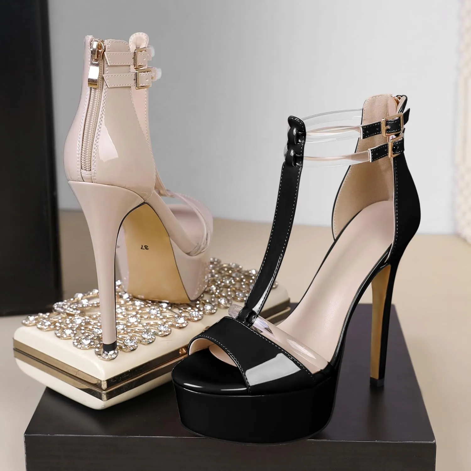 Mettesally Women's Platform Heels Peep Toe Heeled Sandals T Strap Heels Strappy Stiletto High Heels 5.5 Inch Double Ankle Strap Pump Shoes with Back Zipper
