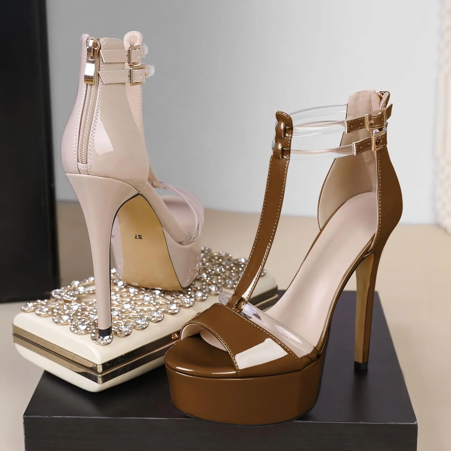 Mettesally Women's Platform Heels Peep Toe Heeled Sandals T Strap Heels Strappy Stiletto High Heels 5.5 Inch Double Ankle Strap Pump Shoes with Back Zipper