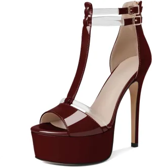 Mettesally Women's Platform Heels Peep Toe Heeled Sandals T Strap Heels Strappy Stiletto High Heels 5.5 Inch Double Ankle Strap Pump Shoes with Back Zipper