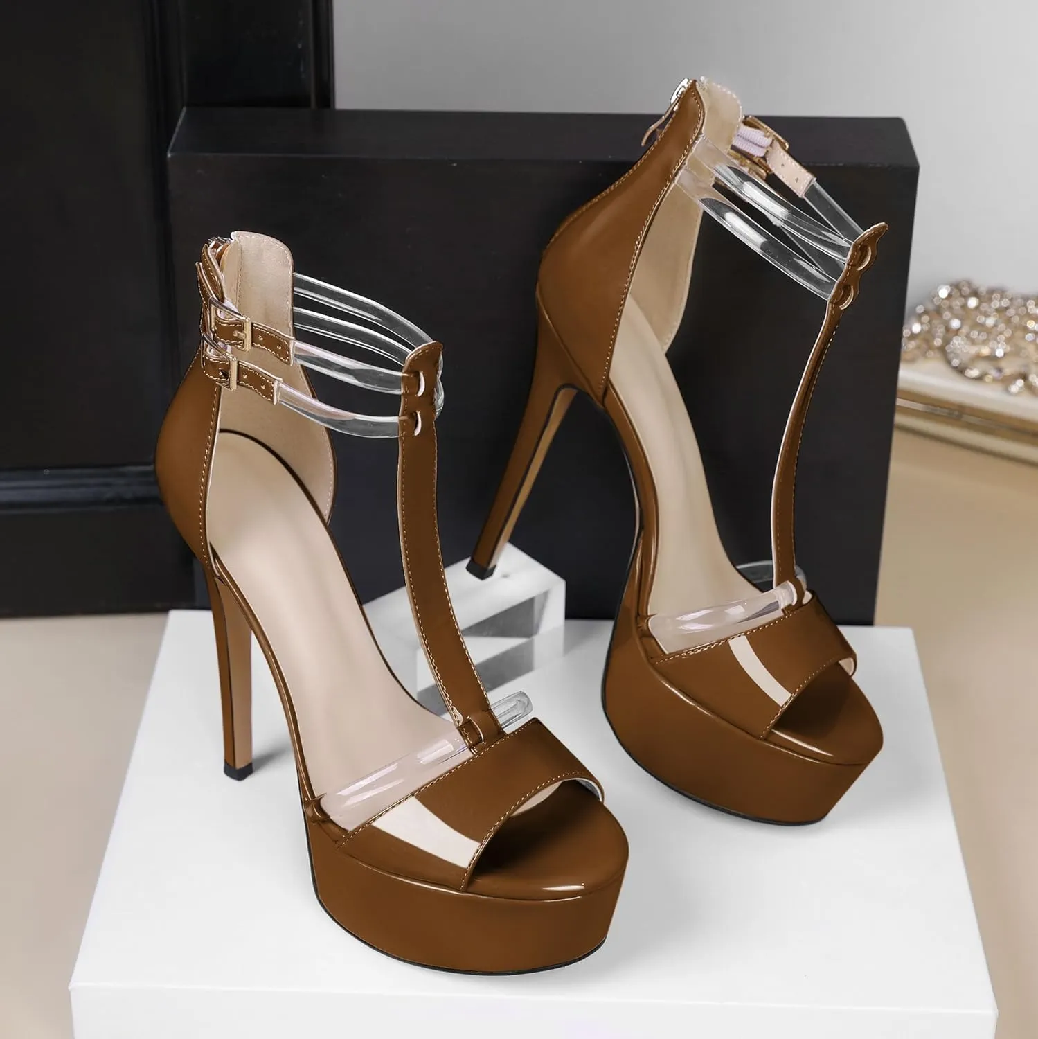 Mettesally Women's Platform Heels Peep Toe Heeled Sandals T Strap Heels Strappy Stiletto High Heels 5.5 Inch Double Ankle Strap Pump Shoes with Back Zipper