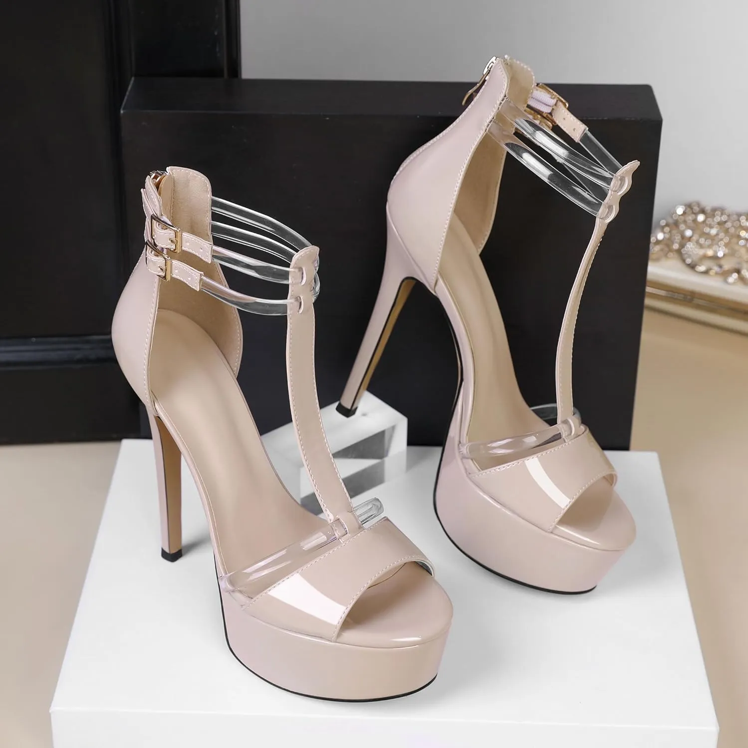 Mettesally Women's Platform Heels Peep Toe Heeled Sandals T Strap Heels Strappy Stiletto High Heels 5.5 Inch Double Ankle Strap Pump Shoes with Back Zipper