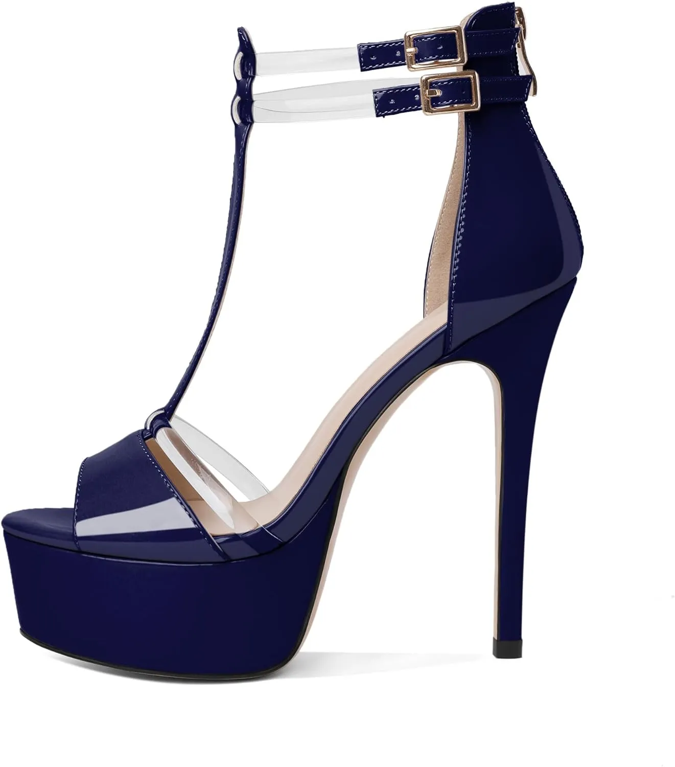 Mettesally Women's Platform Heels Peep Toe Heeled Sandals T Strap Heels Strappy Stiletto High Heels 5.5 Inch Double Ankle Strap Pump Shoes with Back Zipper