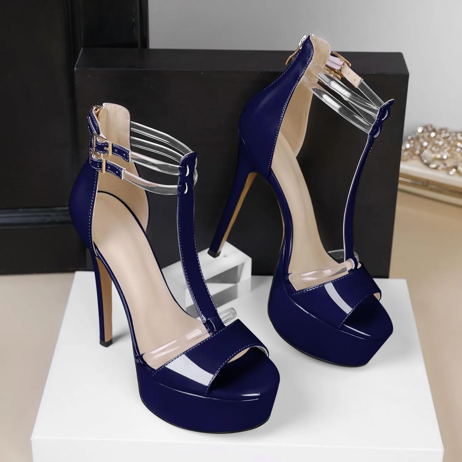 Mettesally Women's Platform Heels Peep Toe Heeled Sandals T Strap Heels Strappy Stiletto High Heels 5.5 Inch Double Ankle Strap Pump Shoes with Back Zipper