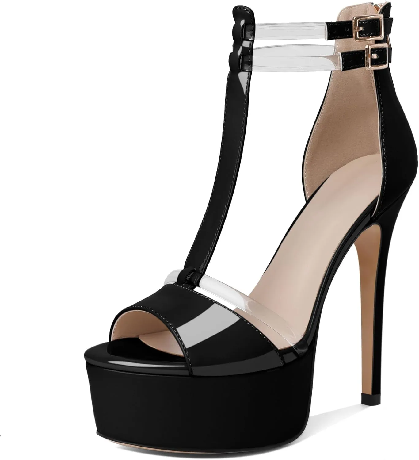 Mettesally Women's Platform Heels Peep Toe Heeled Sandals T Strap Heels Strappy Stiletto High Heels 5.5 Inch Double Ankle Strap Pump Shoes with Back Zipper