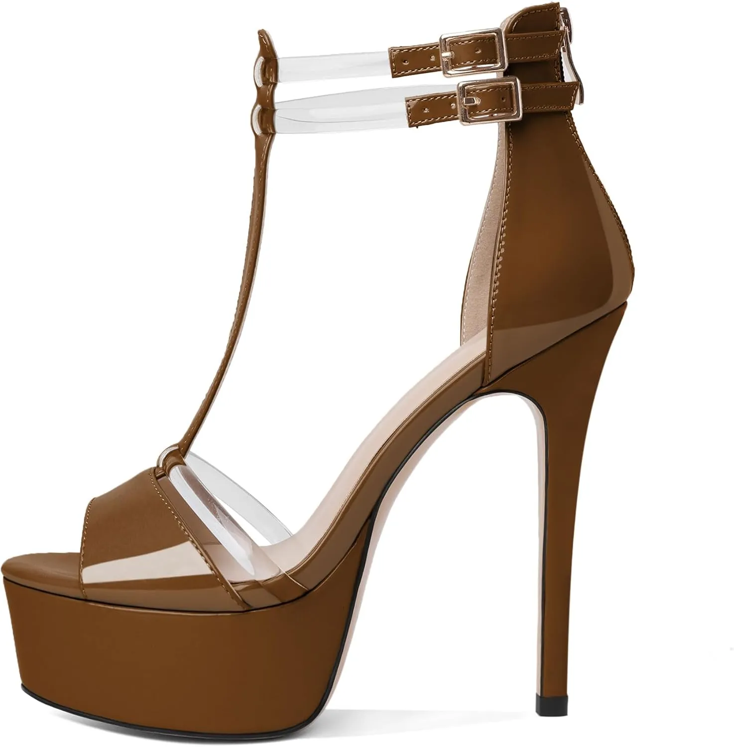 Mettesally Women's Platform Heels Peep Toe Heeled Sandals T Strap Heels Strappy Stiletto High Heels 5.5 Inch Double Ankle Strap Pump Shoes with Back Zipper
