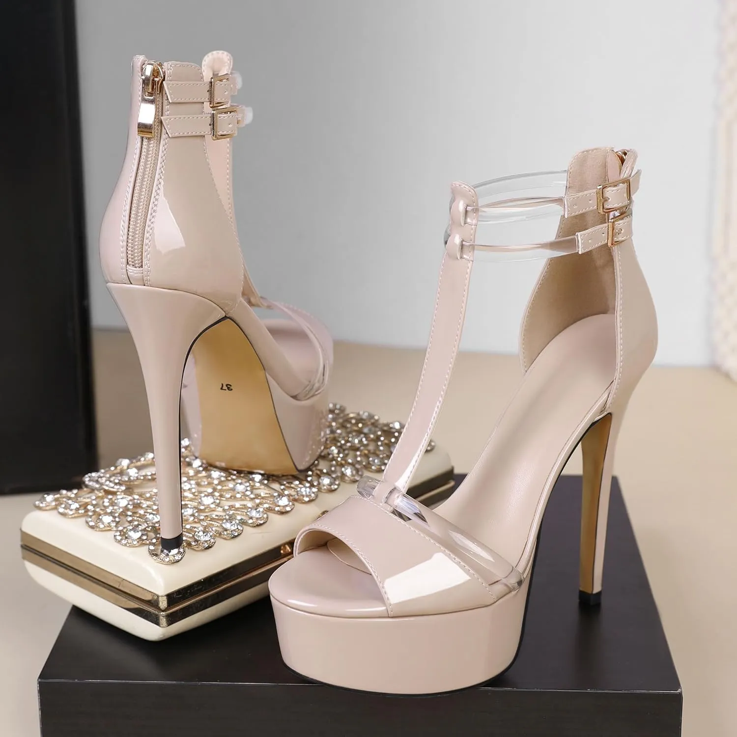 Mettesally Women's Platform Heels Peep Toe Heeled Sandals T Strap Heels Strappy Stiletto High Heels 5.5 Inch Double Ankle Strap Pump Shoes with Back Zipper