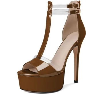 Mettesally Women's Platform Heels Peep Toe Heeled Sandals T Strap Heels Strappy Stiletto High Heels 5.5 Inch Double Ankle Strap Pump Shoes with Back Zipper