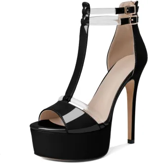 Mettesally Women's Platform Heels Peep Toe Heeled Sandals T Strap Heels Strappy Stiletto High Heels 5.5 Inch Double Ankle Strap Pump Shoes with Back Zipper