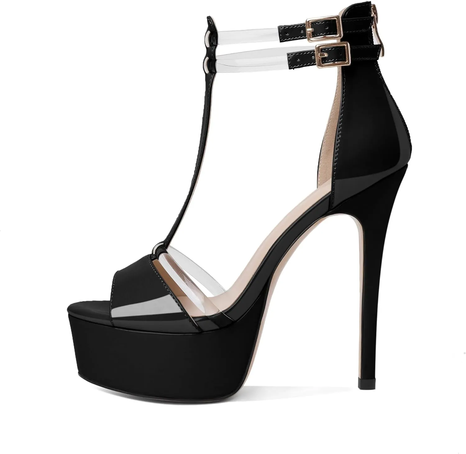 Mettesally Women's Platform Heels Peep Toe Heeled Sandals T Strap Heels Strappy Stiletto High Heels 5.5 Inch Double Ankle Strap Pump Shoes with Back Zipper
