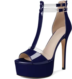 Mettesally Women's Platform Heels Peep Toe Heeled Sandals T Strap Heels Strappy Stiletto High Heels 5.5 Inch Double Ankle Strap Pump Shoes with Back Zipper