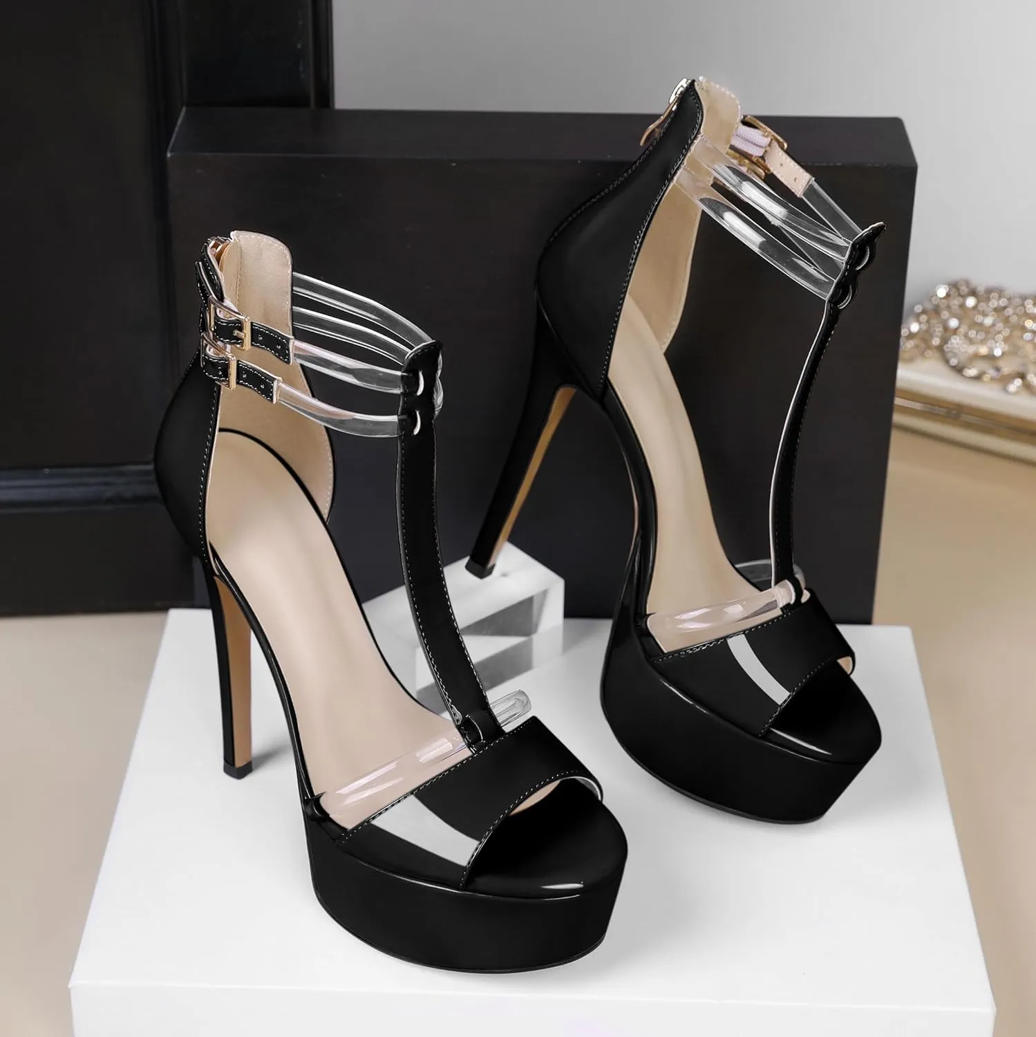 Mettesally Women's Platform Heels Peep Toe Heeled Sandals T Strap Heels Strappy Stiletto High Heels 5.5 Inch Double Ankle Strap Pump Shoes with Back Zipper