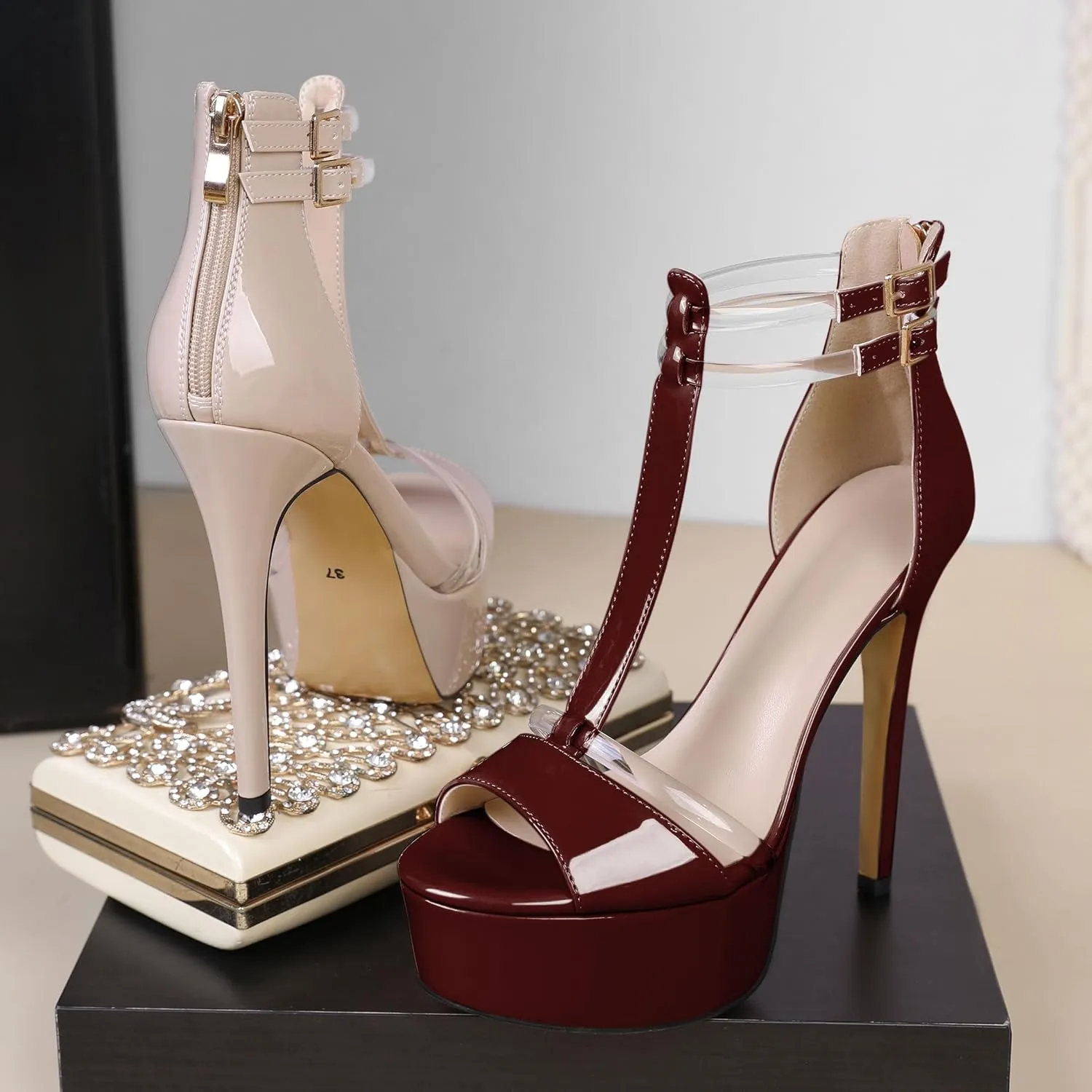 Mettesally Women's Platform Heels Peep Toe Heeled Sandals T Strap Heels Strappy Stiletto High Heels 5.5 Inch Double Ankle Strap Pump Shoes with Back Zipper