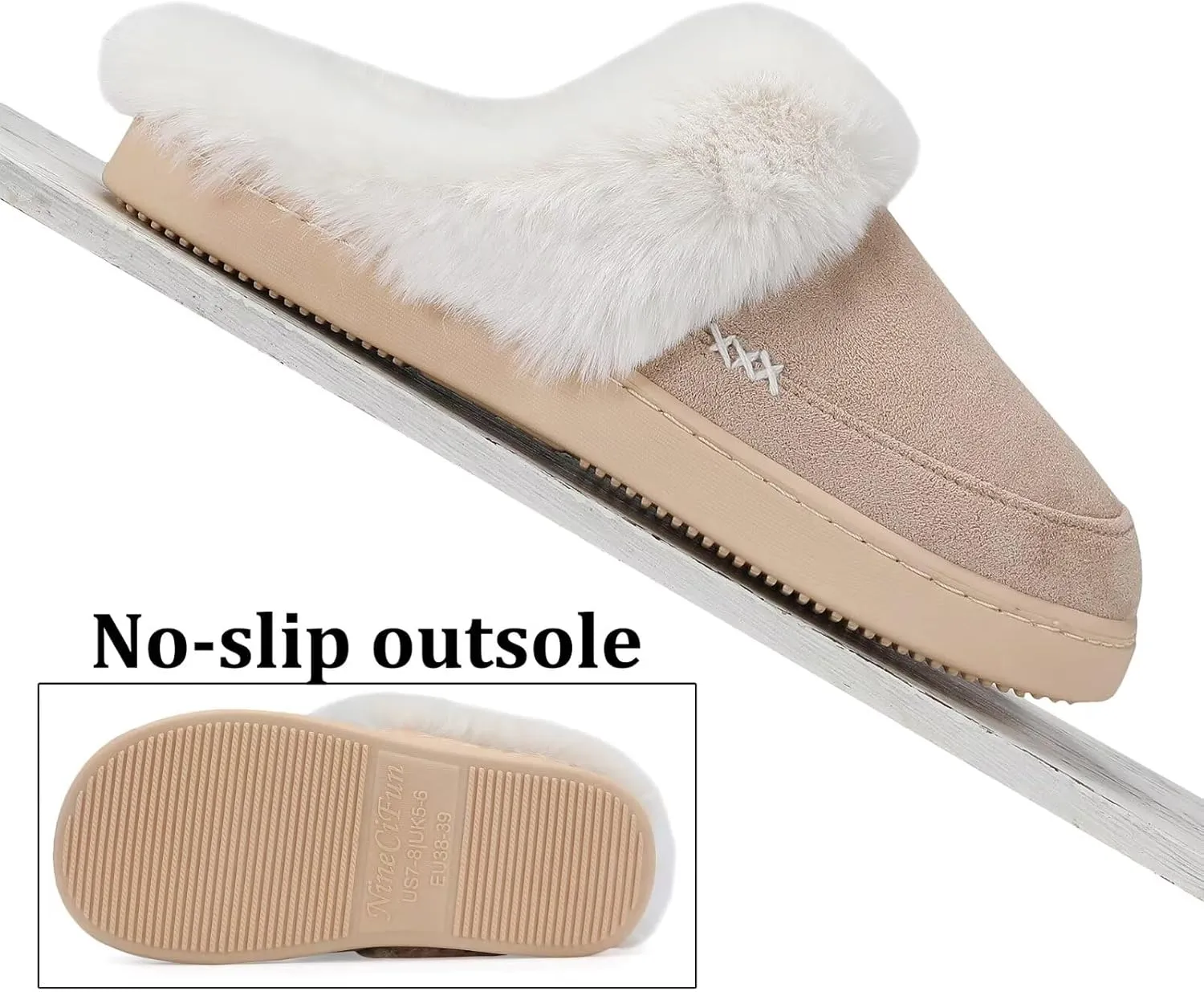 NineCiFun Women's and Men's Suede House Slippers Slip on Fuzzy Slippers with Faux Fur Lining Indoor Outdoor Home Shoes with Rubber Sole