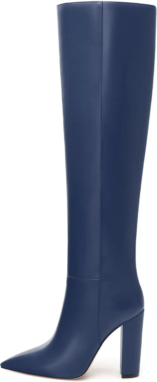 NUMALEO Womens Knee High Boots Pointed Chunky Block High Heel Long Boots Pull-On Fall Thigh High Boots Party Dress Shoes