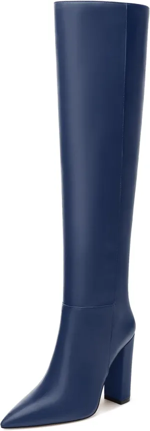 NUMALEO Womens Knee High Boots Pointed Chunky Block High Heel Long Boots Pull-On Fall Thigh High Boots Party Dress Shoes