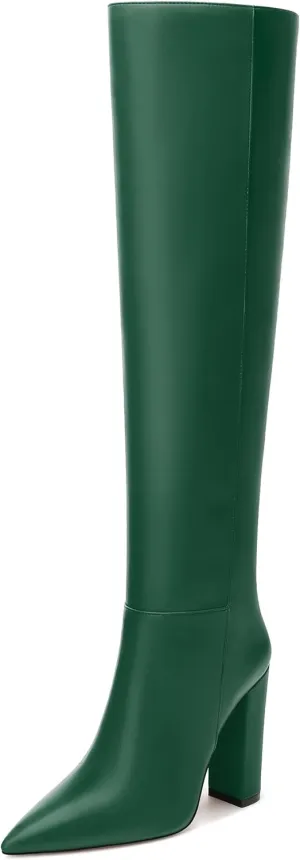 NUMALEO Womens Knee High Boots Pointed Chunky Block High Heel Long Boots Pull-On Fall Thigh High Boots Party Dress Shoes