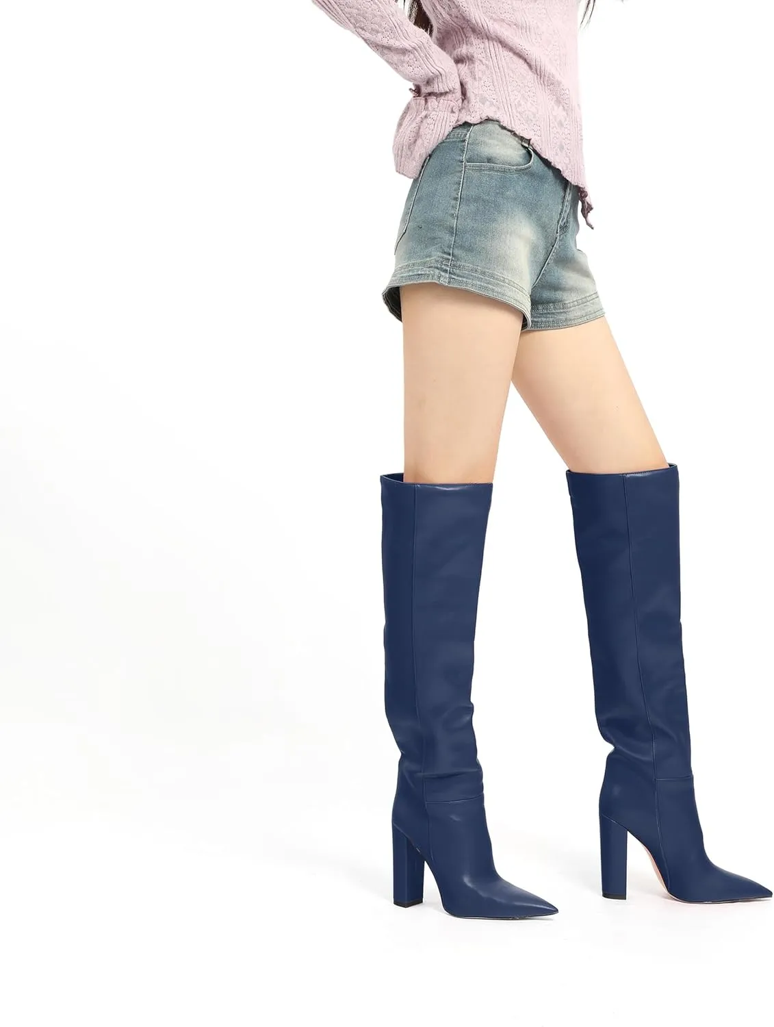 NUMALEO Womens Knee High Boots Pointed Chunky Block High Heel Long Boots Pull-On Fall Thigh High Boots Party Dress Shoes