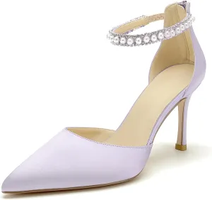 Pointed Toe Pearl Wedding Shoes for Bride White High Heels Satin Bridal Shoes Zipper Back Evening Party Dance Dresses Shoes Pumps for Women