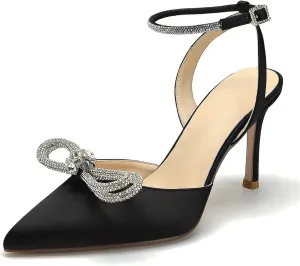 Pointed Toe Satin White Wedding High Heels Rhinestone Ankle Strap Dress Shoes Pumps for Bride