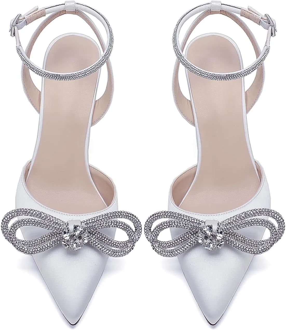 Pointed Toe Satin White Wedding High Heels Rhinestone Ankle Strap Dress Shoes Pumps for Bride