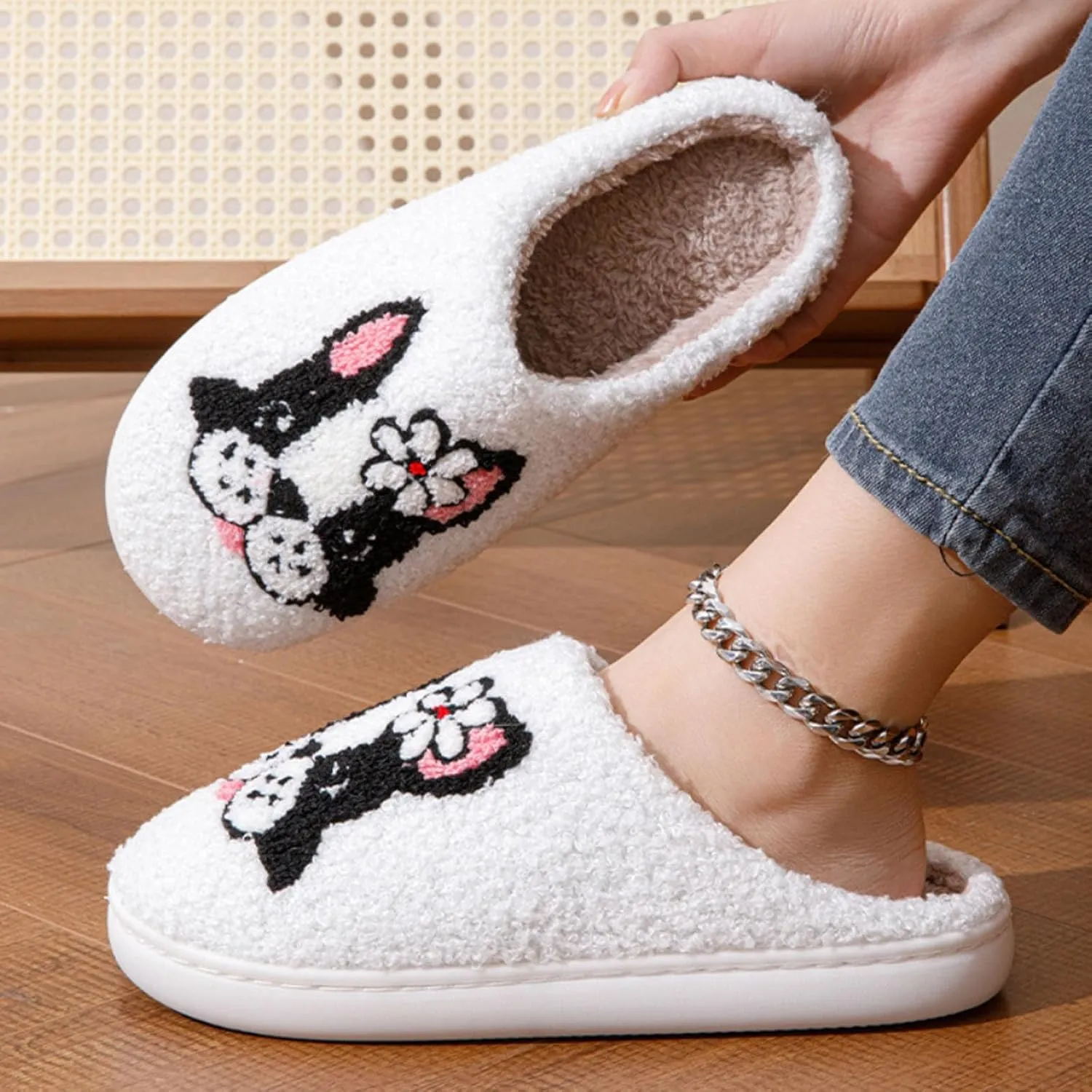 QSKPC animal slippers for women Fluffy Plush Slippers Cute Cartoon House Slipper Fruit Slippers for Womens Mens Plush Soft Memory Foam House Shoes