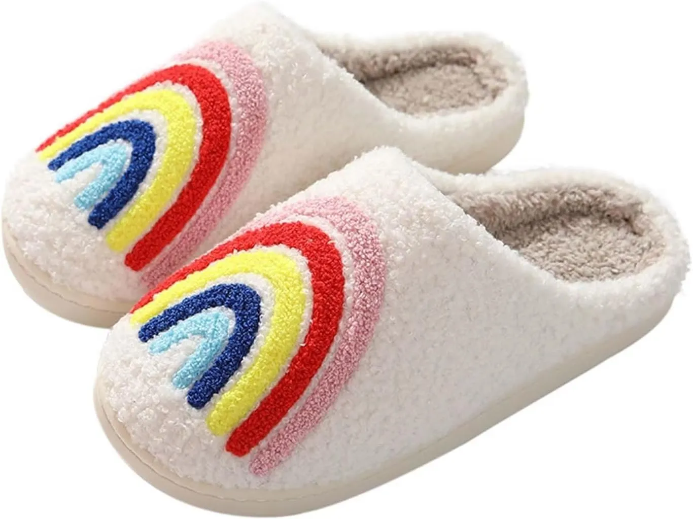 QSKPC Happy Cute Furry Bear Slippers Rainbow Cozy House Slippers Strawberry Clouds Plush Slippers Vintage Women Cowboy Boots Cowboy Hat Slippers Winter Indoor Outdoor Warm Slippers