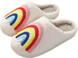 QSKPC Happy Cute Furry Bear Slippers Rainbow Cozy House Slippers Strawberry Clouds Plush Slippers Vintage Women Cowboy Boots Cowboy Hat Slippers Winter Indoor Outdoor Warm Slippers
