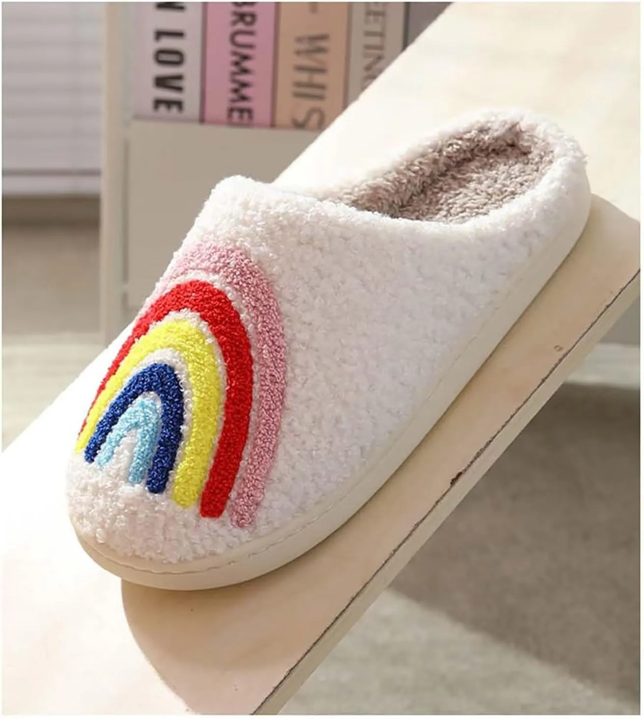 QSKPC Happy Cute Furry Bear Slippers Rainbow Cozy House Slippers Strawberry Clouds Plush Slippers Vintage Women Cowboy Boots Cowboy Hat Slippers Winter Indoor Outdoor Warm Slippers