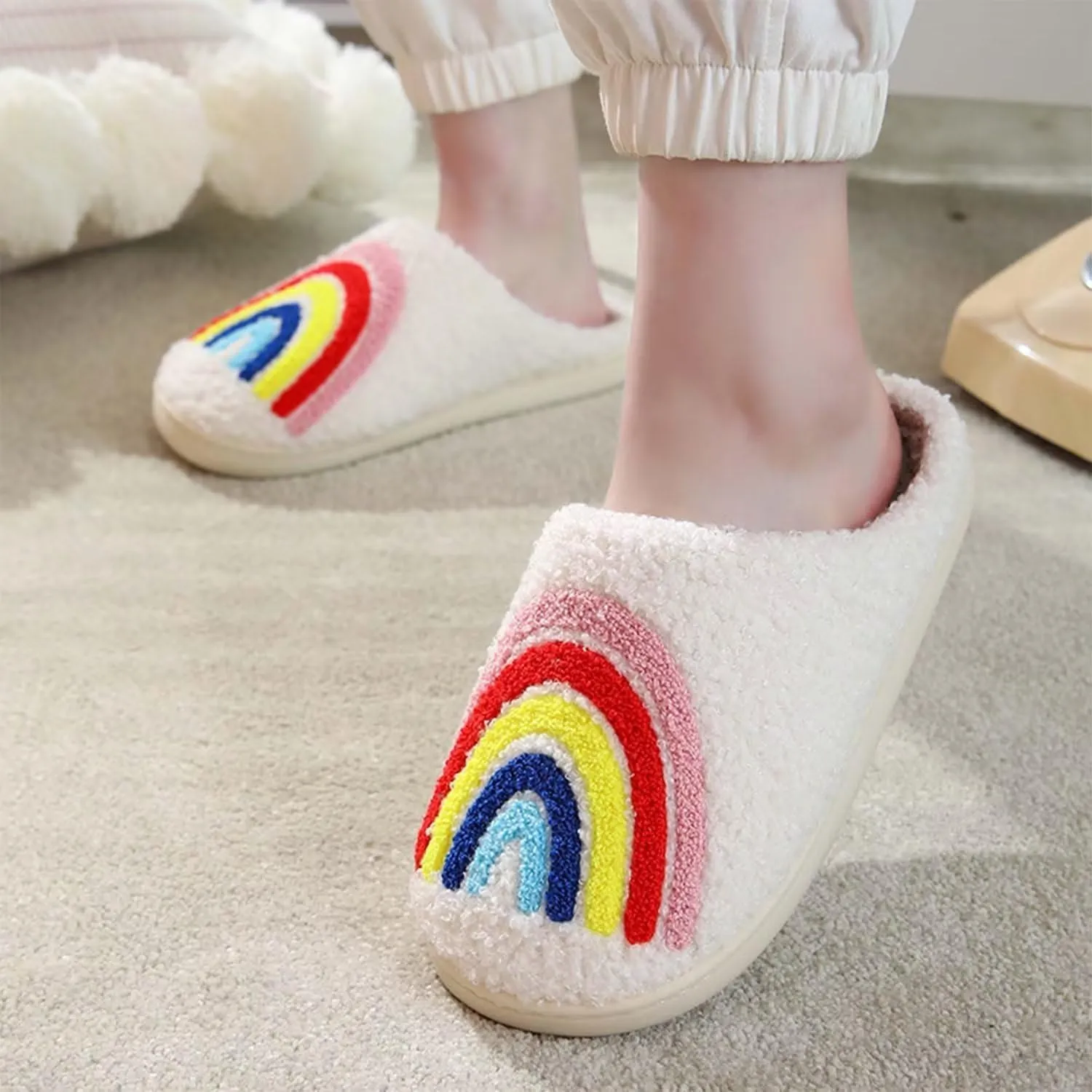 QSKPC Happy Cute Furry Bear Slippers Rainbow Cozy House Slippers Strawberry Clouds Plush Slippers Vintage Women Cowboy Boots Cowboy Hat Slippers Winter Indoor Outdoor Warm Slippers