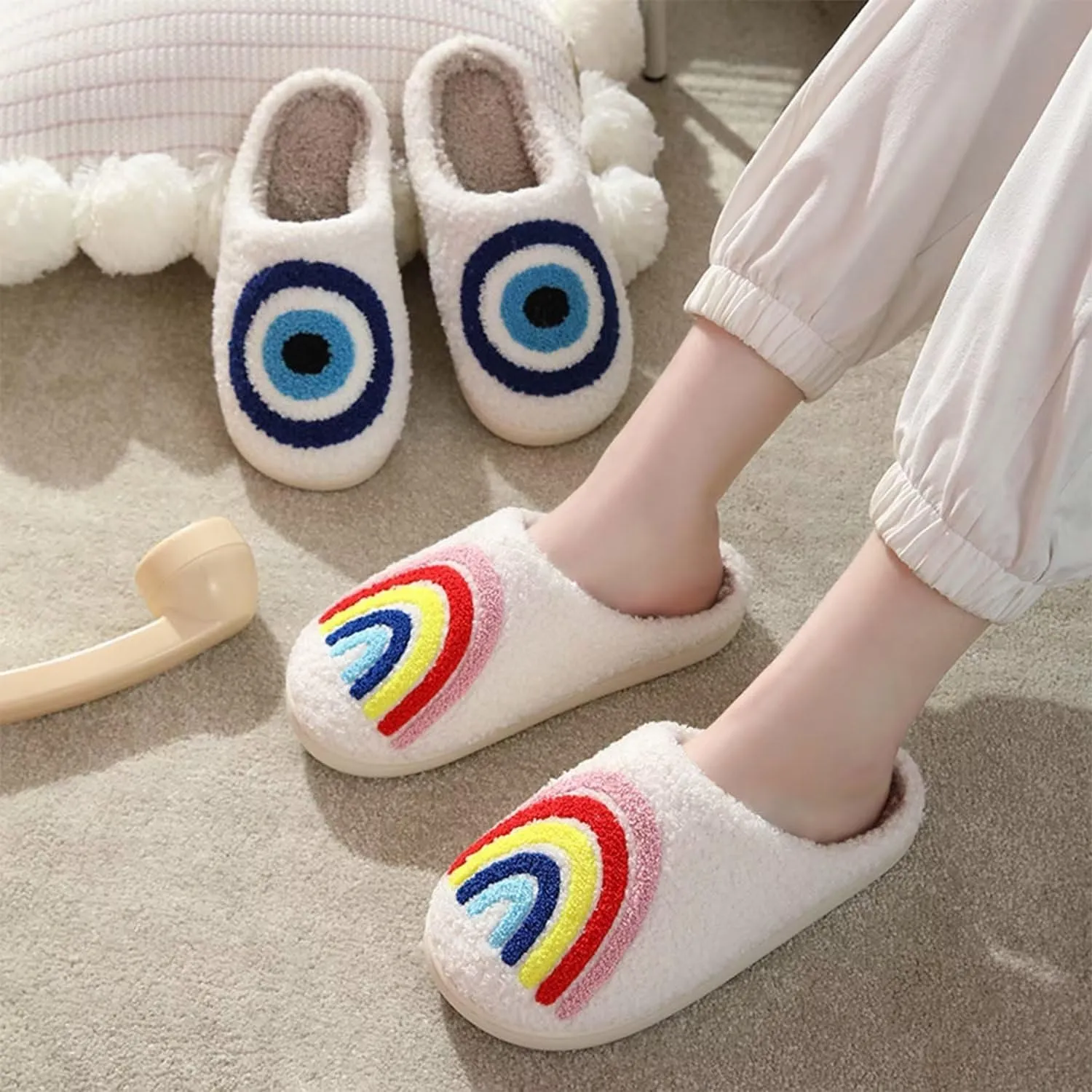 QSKPC Happy Cute Furry Bear Slippers Rainbow Cozy House Slippers Strawberry Clouds Plush Slippers Vintage Women Cowboy Boots Cowboy Hat Slippers Winter Indoor Outdoor Warm Slippers