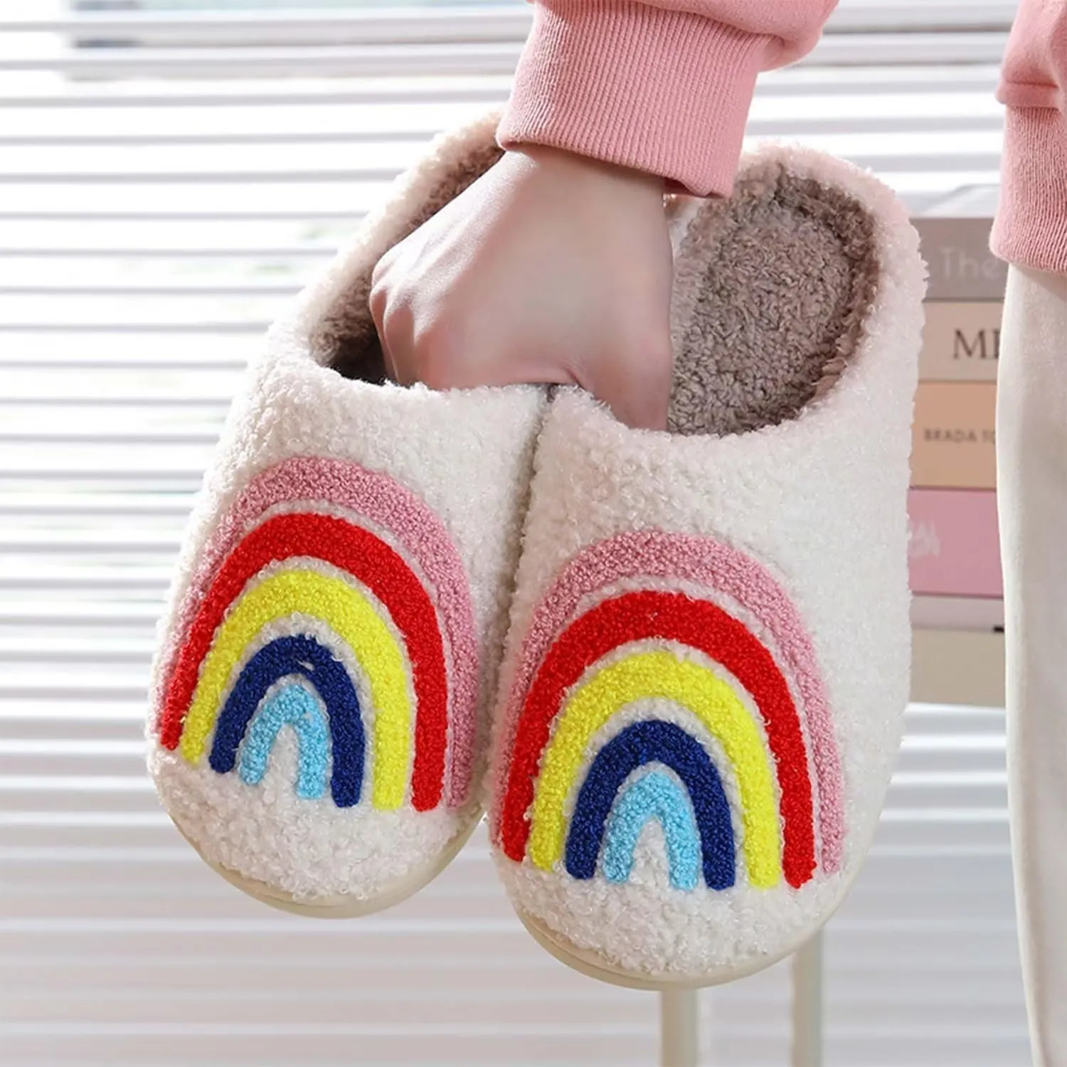 QSKPC Happy Cute Furry Bear Slippers Rainbow Cozy House Slippers Strawberry Clouds Plush Slippers Vintage Women Cowboy Boots Cowboy Hat Slippers Winter Indoor Outdoor Warm Slippers