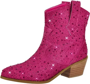 richealnini Sparkly Rhinestones Cowboy Cowgirl Stacked Heeled Ankle Boots with Tab Wedding Party Dressy