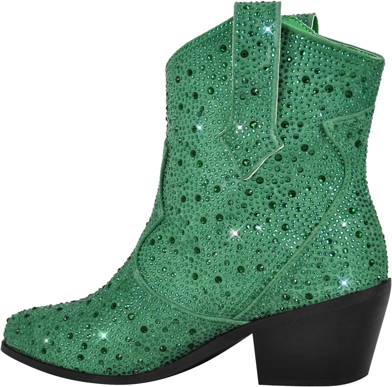 richealnini Sparkly Rhinestones Cowboy Cowgirl Stacked Heeled Ankle Boots with Tab Wedding Party Dressy