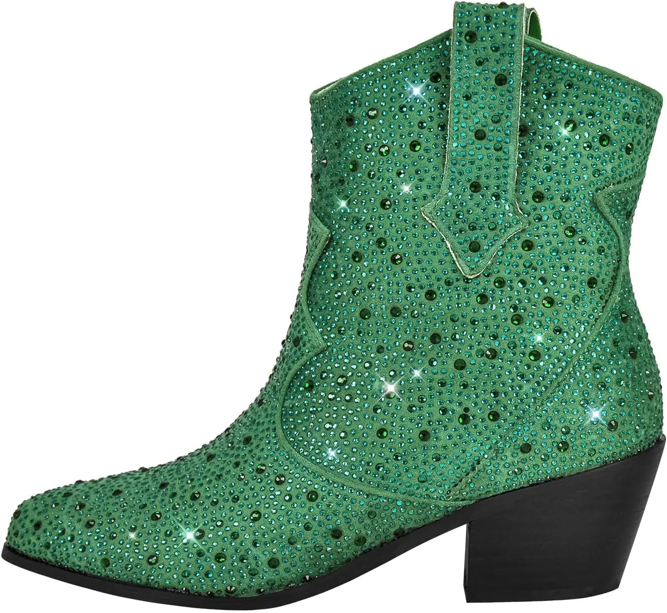 richealnini Sparkly Rhinestones Cowboy Cowgirl Stacked Heeled Ankle Boots with Tab Wedding Party Dressy