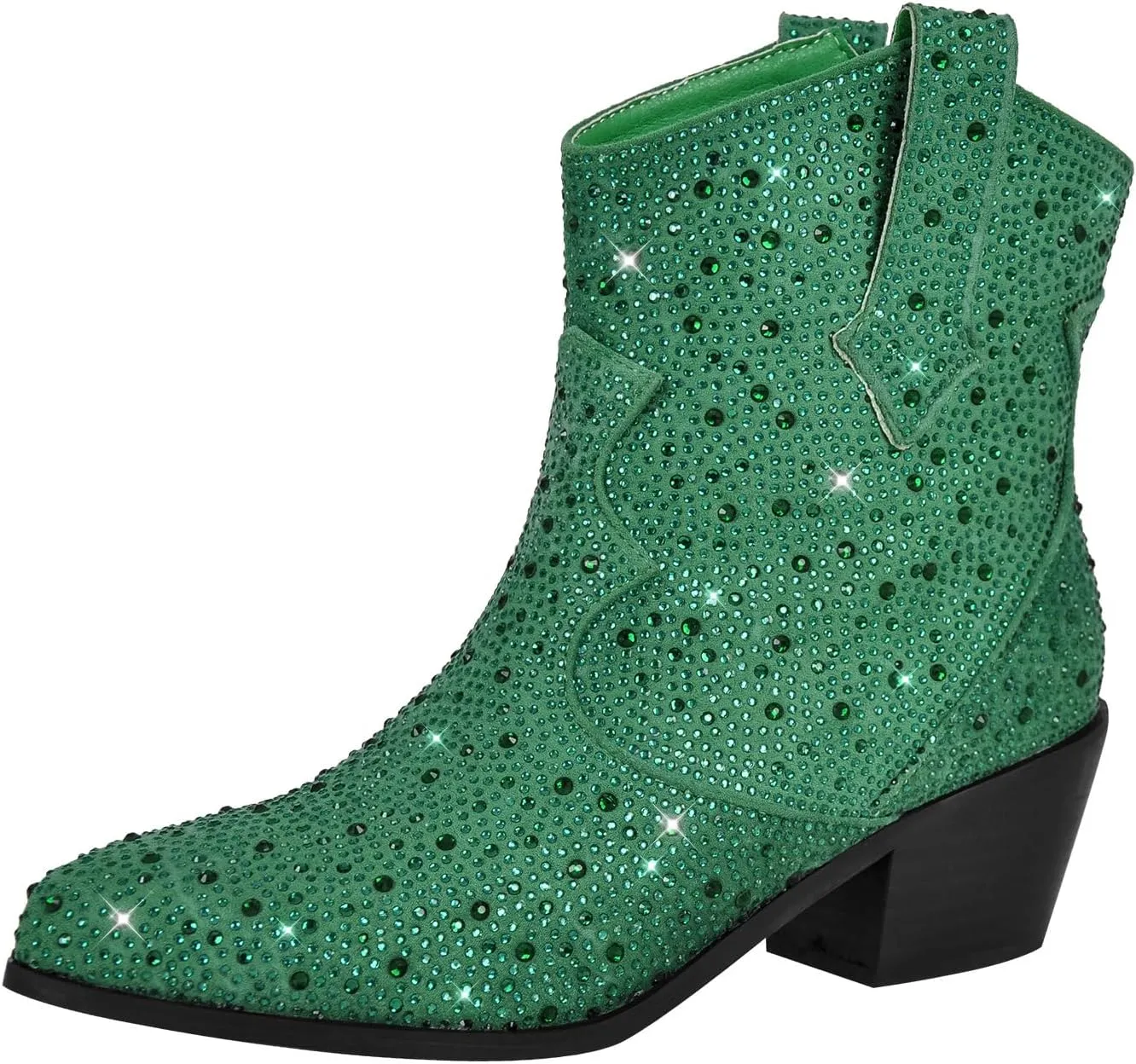 richealnini Sparkly Rhinestones Cowboy Cowgirl Stacked Heeled Ankle Boots with Tab Wedding Party Dressy