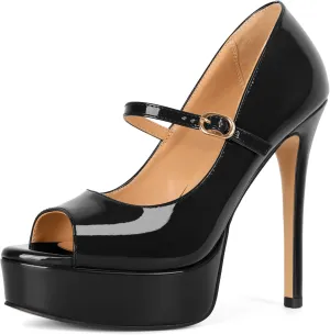 SAMMITOP Women's Peep Toe High Heels Platform Stiletto Pumps Patent Mary Jane Heels 5.5" Party Wedding Dress Shoes