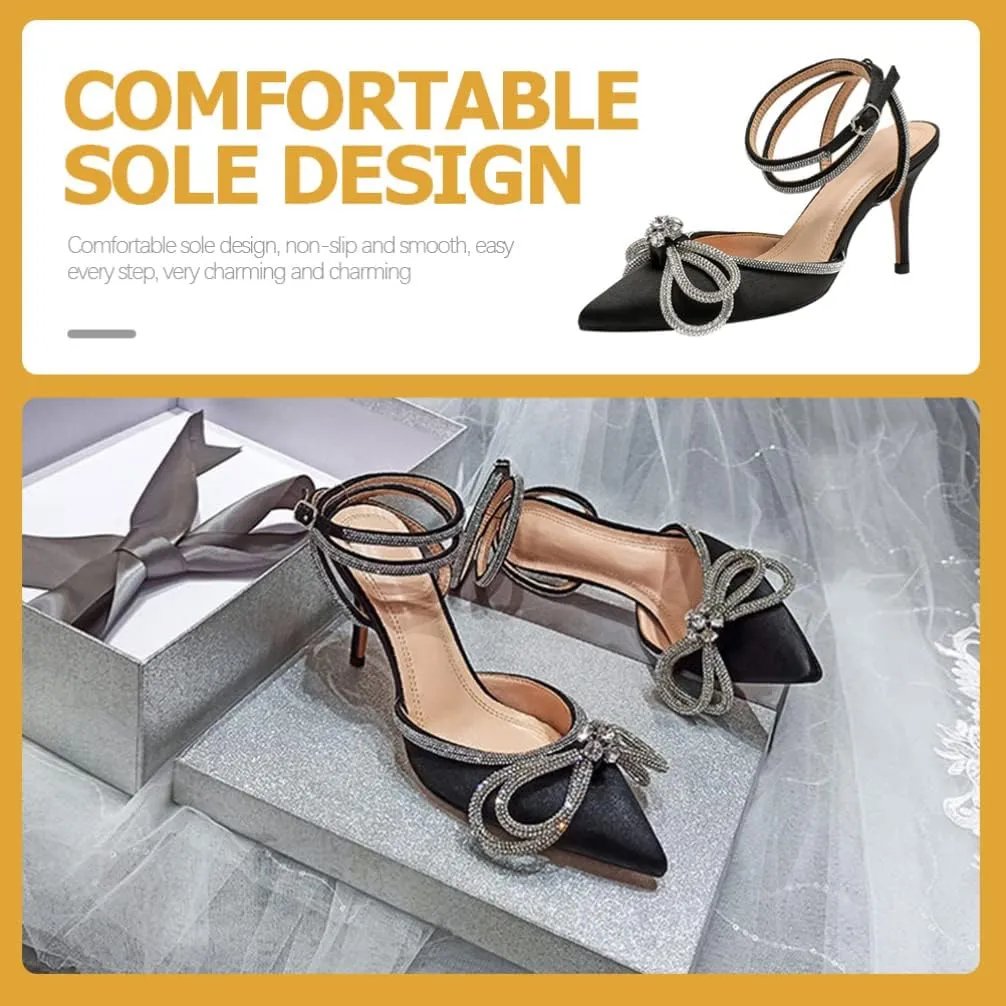 Satin High Heel Rhinestone Bow Pointed Toe Low Stiletto Buckle Ankle Strap Pumps Wedding Evening Dress Kitten Heel Sandal