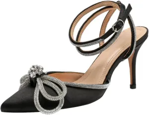 Satin High Heel Rhinestone Bow Pointed Toe Low Stiletto Buckle Ankle Strap Pumps Wedding Evening Dress Kitten Heel Sandal