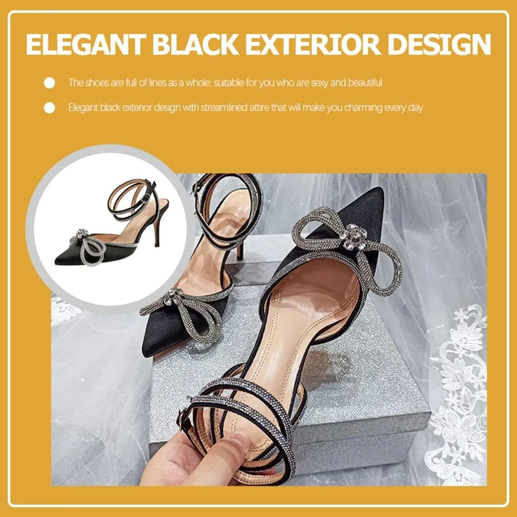 Satin High Heel Rhinestone Bow Pointed Toe Low Stiletto Buckle Ankle Strap Pumps Wedding Evening Dress Kitten Heel Sandal