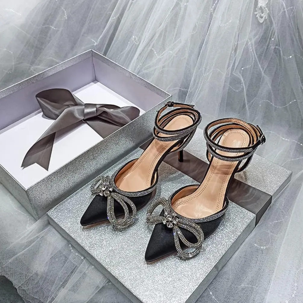 Satin High Heel Rhinestone Bow Pointed Toe Low Stiletto Buckle Ankle Strap Pumps Wedding Evening Dress Kitten Heel Sandal