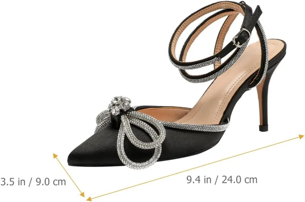 Satin High Heel Rhinestone Bow Pointed Toe Low Stiletto Buckle Ankle Strap Pumps Wedding Evening Dress Kitten Heel Sandal
