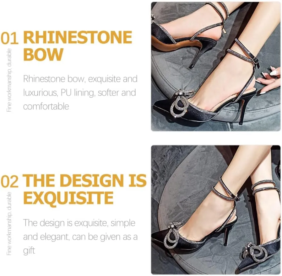 Satin High Heel Rhinestone Bow Pointed Toe Low Stiletto Buckle Ankle Strap Pumps Wedding Evening Dress Kitten Heel Sandal
